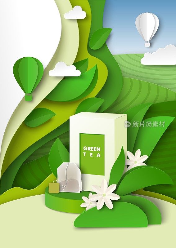 绿茶广告模板，矢量插图。凉茶包装盒茶包模型，切纸绿叶，种植园