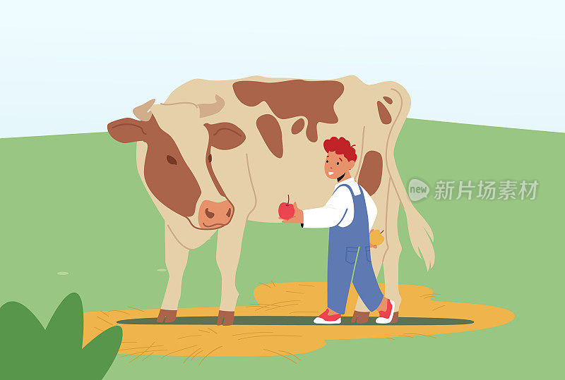 欢快的孩子喂养可爱的牛在农场或户外动物园公园。小男孩把苹果给小牛。孩子们在公园里度过时光