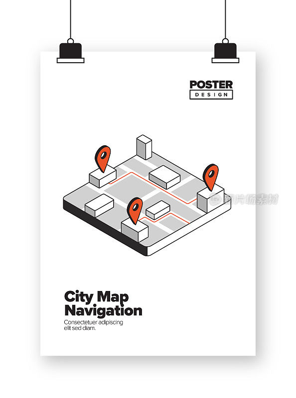 城市地图导航概念等角网络横幅，海报，封面和横幅的三维设计