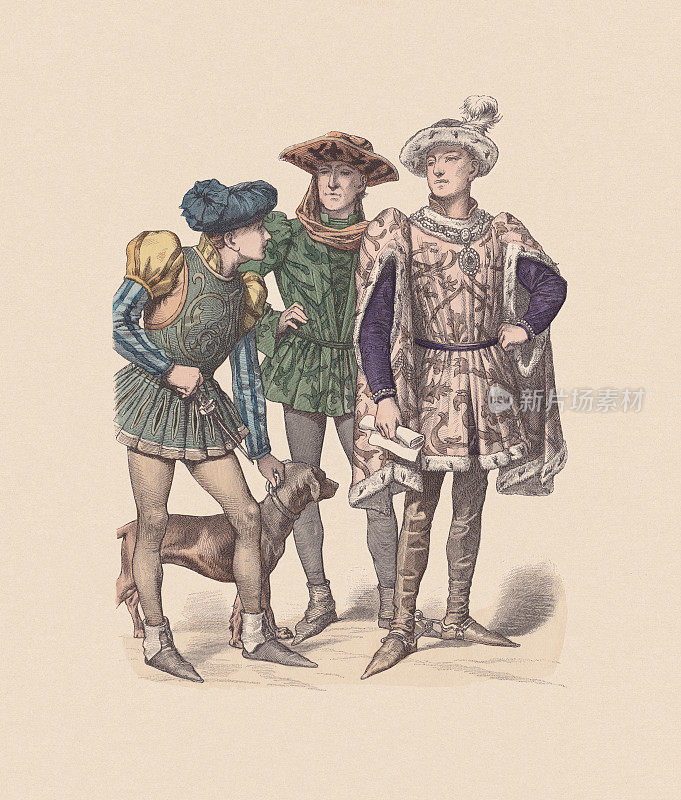 15世纪中期，勃艮第服饰，手工着色木刻，大约1880年出版