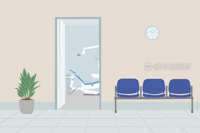 牙科诊所的候诊室，空着蓝色的座位
