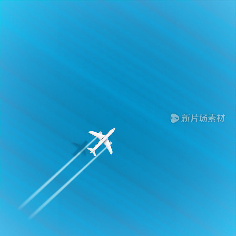 喷气式飞机以最高速度在蓝色海面上飞行。飞机与涡轮跟踪和阴影。模板设计与复制空间