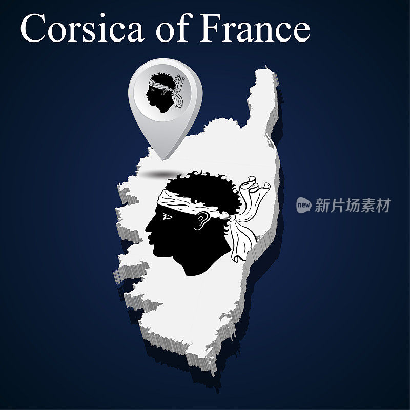 黑暗背景地图上的法国科西嘉岛旗帜。