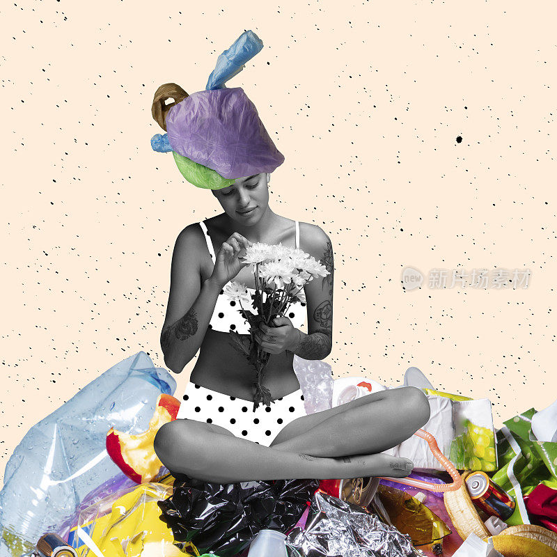 当代艺术拼贴画的年轻女孩和花坐在垃圾上象征着保护地球的需要
