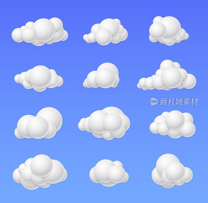 孤立的3d白云。云渲染，卡通天堂元素。装饰性的棉花天空泡沫。球体形状组成精确的向量集
