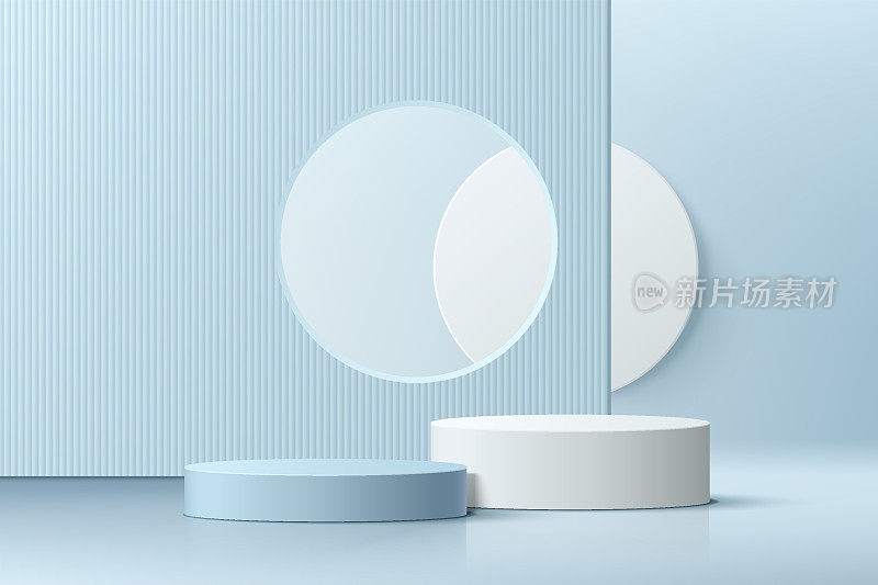 逼真的蓝色和白色3D圆柱体基座平台设置几何形状的背景。最小场景的产品展示，推广展示。摘要工作室平台设计。舞台展示。