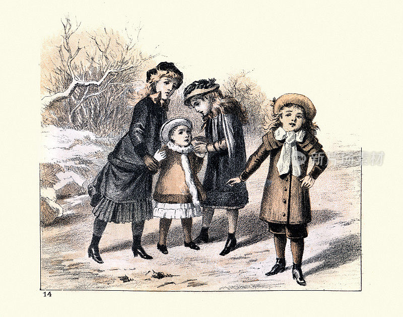 孩子们在雪地里玩耍，维多利亚时代，19世纪80年代，19世纪
