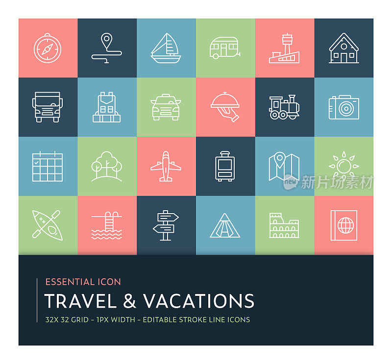 旅行和假期可编辑的笔画线图标集合