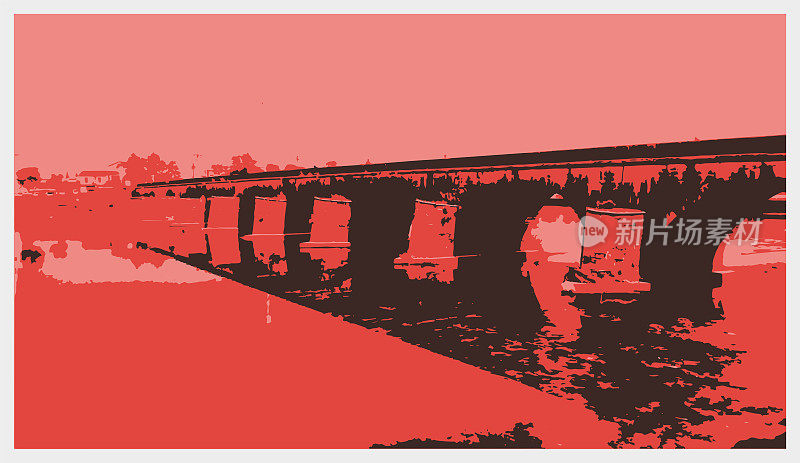 矢量雕刻风格的古典艺术经典建筑桥场景图案背景，黄山市-安徽省，中国