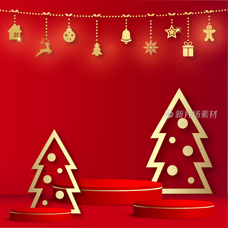 红色的讲台，金色的松树，新年快乐的背景。向量