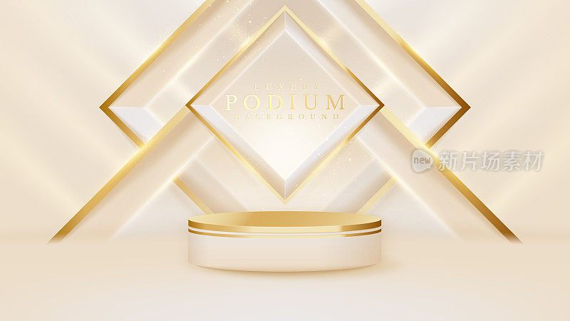 逼真的白色产品裙摆展示，金色方形的豪华背景加上闪光效果元素。