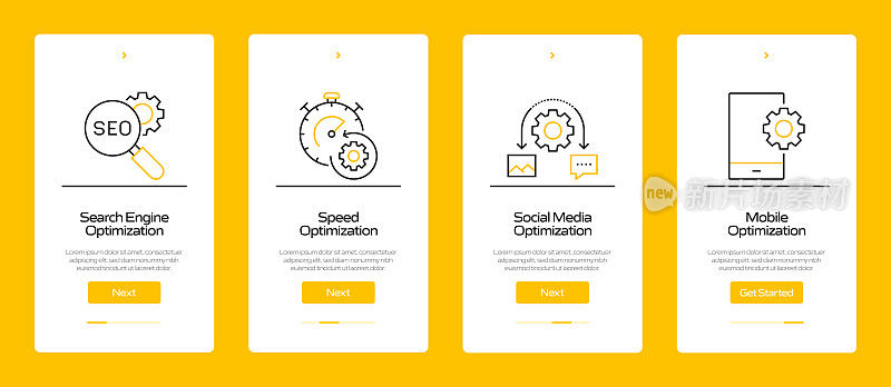 搜索引擎优化概念Onboarding移动应用程序页面屏幕与平面图标。用户体验，UI设计模板矢量插图