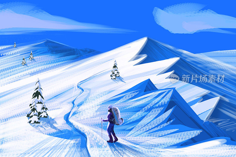 冬天在雪山上徒步旅行的徒步旅行者