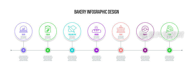 面包概念矢量线信息图形设计图标。7选项或步骤的介绍，横幅，工作流程布局，流程图等。