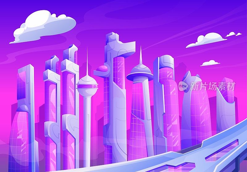 未来城市的日落，未来幻想的摩天大楼