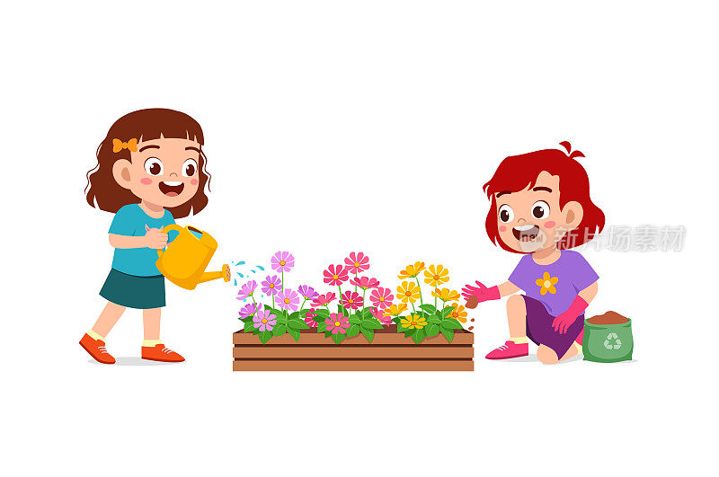 可爱的小女孩站在浇花