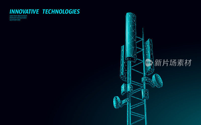 3d基站接收器。电信铁塔5g多边形设计全球连接信息发射机。移动无线电天线蜂窝矢量图