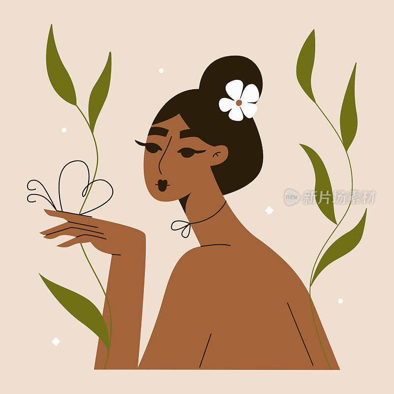 年轻美丽的非洲裔美国亚裔妇女，头发上插着一朵花。女性的心理健康。美丽的大自然。自我照顾、爱、幸福。妇女节矢量插图