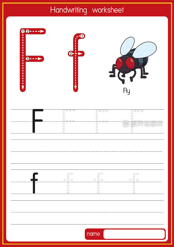 矢量插图苍蝇与字母F大写字母或大写字母的儿童学习练习ABC