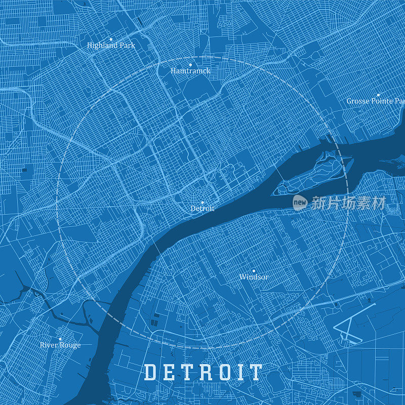 底特律MI市矢量道路地图蓝色文本