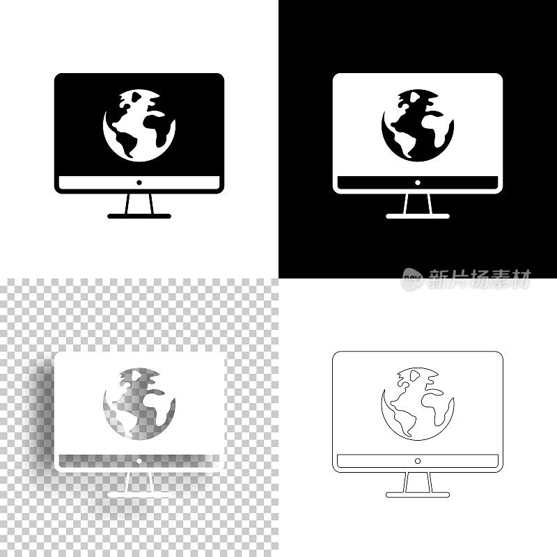 台式电脑与地球。图标设计。空白，白色和黑色背景-线图标