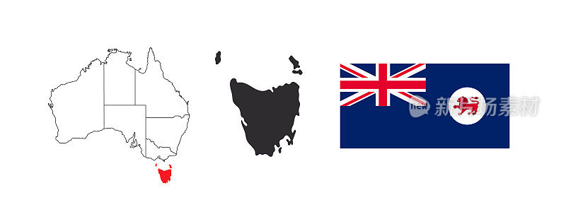 塔斯马尼亚岛的地图。塔斯马尼亚岛的标志。澳大利亚各州及属地。矢量图