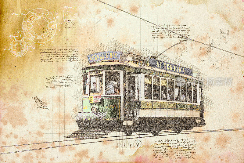 阿根廷布宜诺斯艾利斯古董电车行驶复古插图