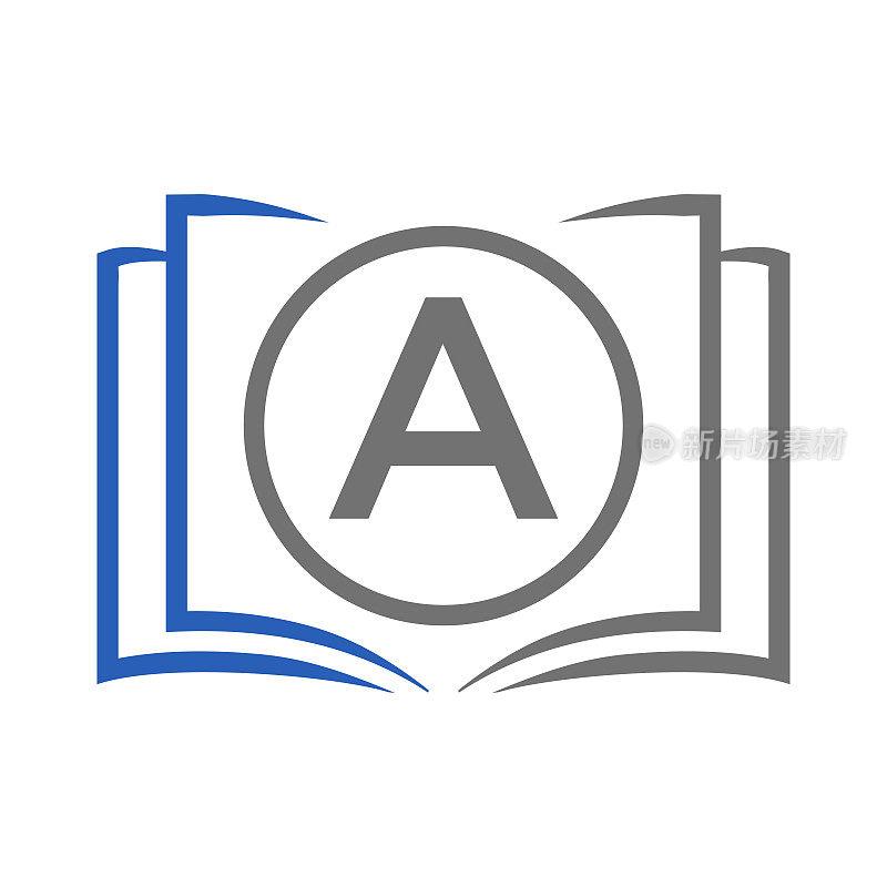 字母A模板上的教育标志。打开书的标志在一封信上，最初的教育标志概念模板