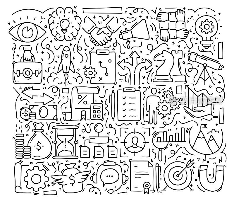 启动相关对象和元素。手绘矢量涂鸦插图集合。手绘图案设计