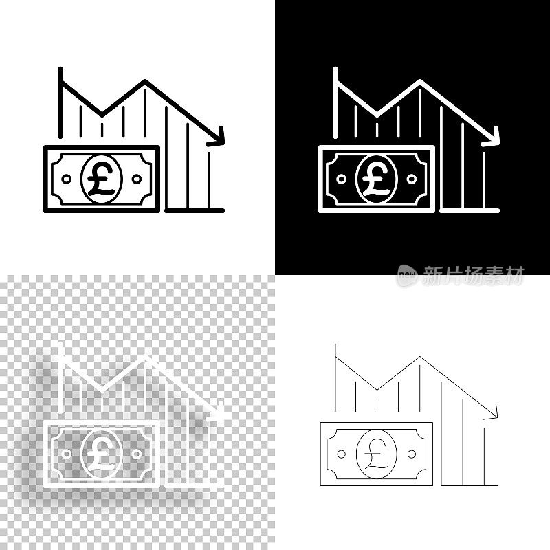 英镑钞票下降图表。图标设计。空白，白色和黑色背景-线图标