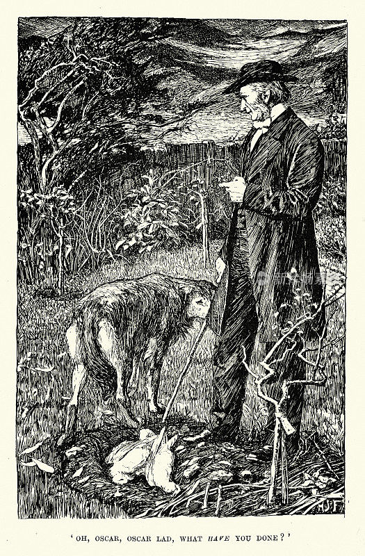一个人带着他的宠物狗杀了两只鸽子，维多利亚时代的动物艺术