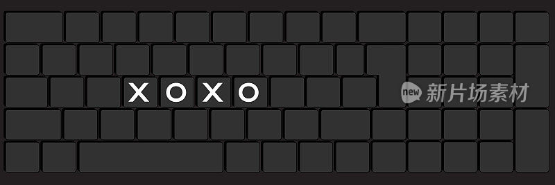 带有XOXO键的电脑键盘，缩写，拥抱和亲吻，表达爱意的非正式用语。特写的电子计算机设备部分，键盘。