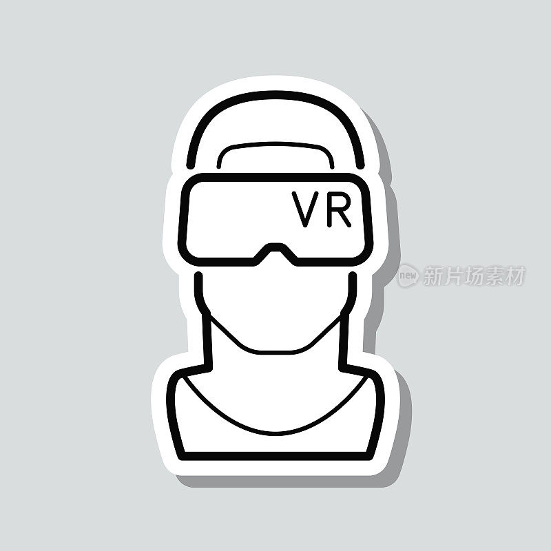 带VR头盔的人-虚拟现实。图标贴纸在灰色背景