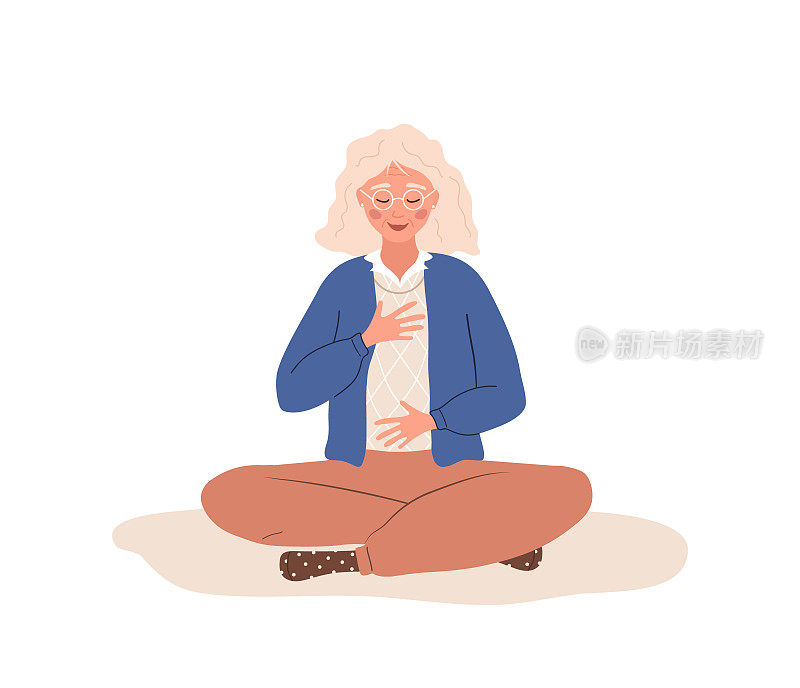 腹式呼吸。老妇人练习腹部呼吸放松。呼吸意识瑜伽练习。冥想对身体、思想和情感都有好处。修行。卡通矢量图