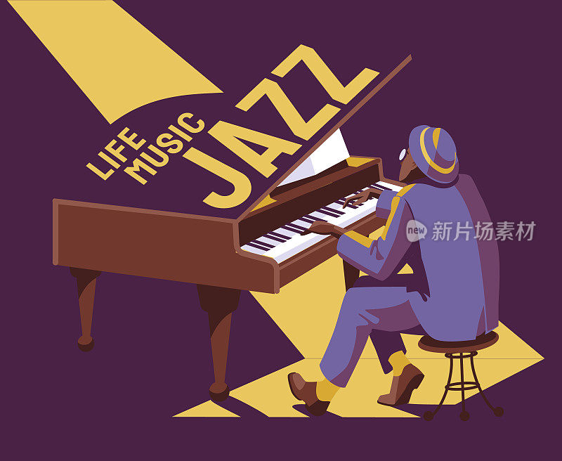 爵士乐钢琴家。平面向量插图。海报传单设计音乐会，节日