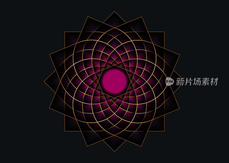 金莲花曼荼罗，生命的种子象征神圣的几何学。标志图标几何神秘的曼荼罗炼金术深奥的花。向量黄金线艺术神圣冥想护身符孤立在黑色和紫色的背景