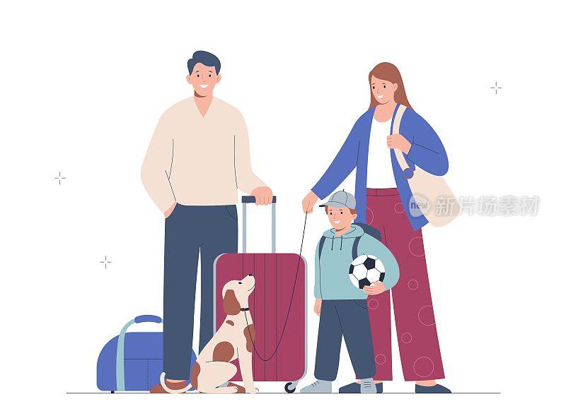 幸福的一家人去度假。妈妈，爸爸，孩子和狗一起旅行。带宠物旅行的概念。
