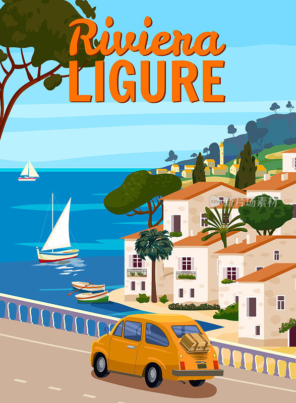 里维埃拉利古雷意大利，地中海浪漫的风景，高山，海滨小镇，大海。复古海报旅行