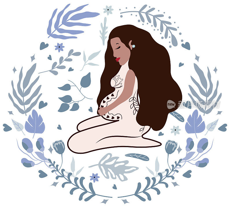 快乐的孕妇坐在大自然的背景下抱着她的肚子。等待孩子出生的女人。概念母亲,怀孕了。矢量图