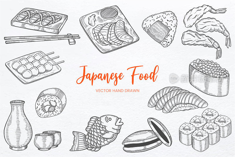 日本或日本美食集合手绘素描矢量