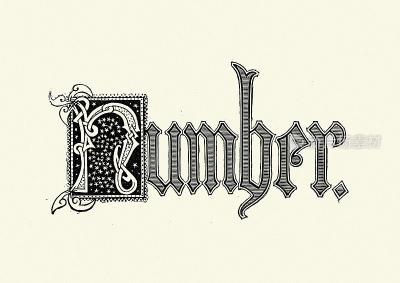 复古插图的单词数字，华丽的字母，19世纪维多利亚风格的文本