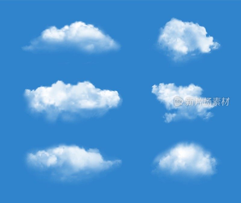 蓝色的天空蒙上了阴影。完美的现实夏天白云孤立在蔚蓝的背景，美丽的自然积云