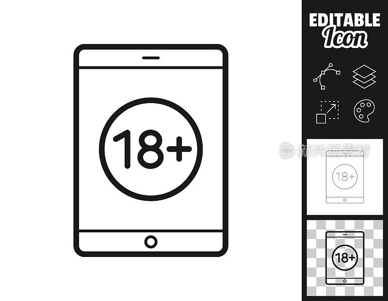 带有18+号的平板电脑。图标设计。轻松地编辑