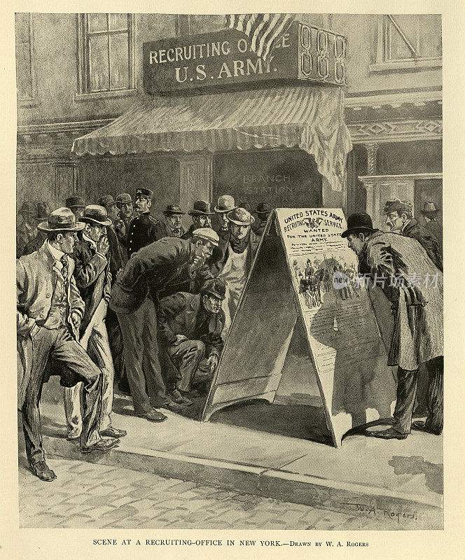 美西战争期间，纽约，一群男子在美国陆军征兵办公室外阅读公告