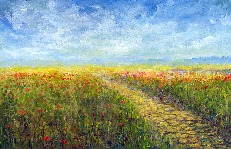 黄砖路穿过一片罂粟田，画满了画
