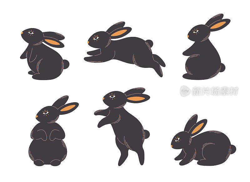 一组可爱的黑兔子。动物,兔子。兔年。手绘矢量图