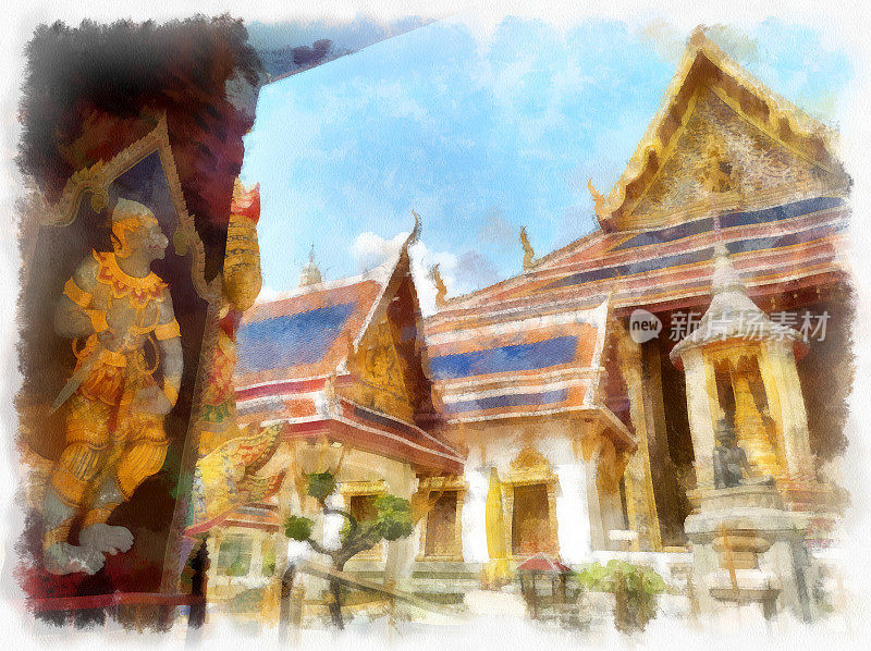 风景大皇宫泰国古建筑曼谷泰国水彩风格插图印象派绘画。