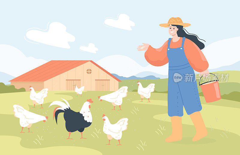 快乐的女农民正在喂鸡