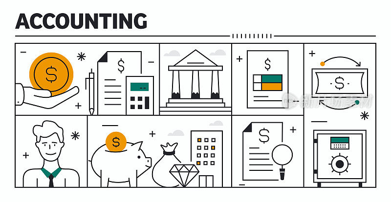 会计矢量设计。设计是可编辑的,颜色可以改变。创意图标向量集:资金流,分析,审计,税收,预算,平衡,会计