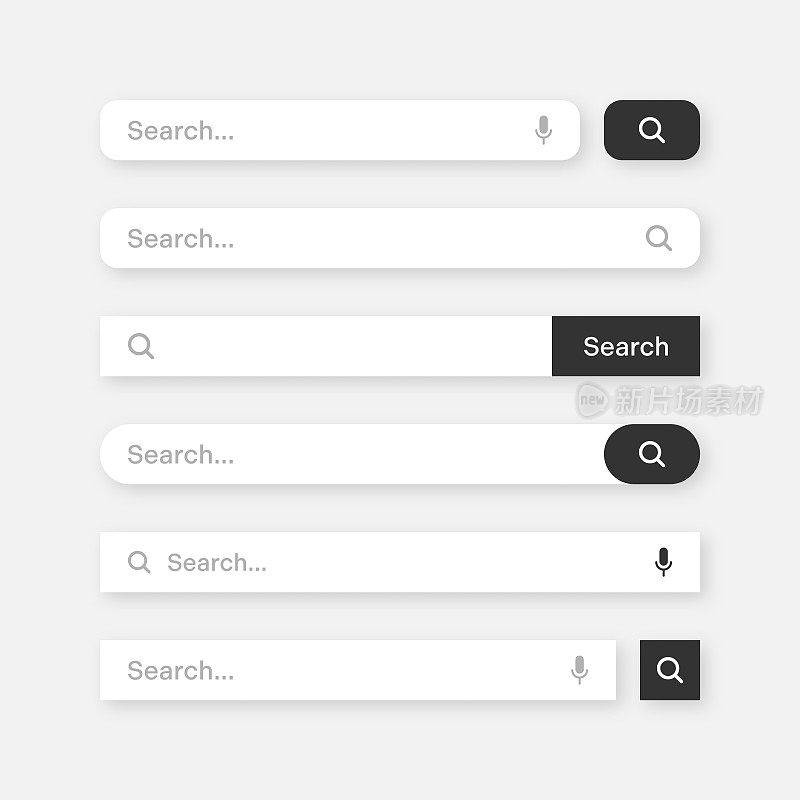 各种搜索栏模板。Internet浏览器引擎与搜索框，地址栏和文本字段。UI设计，网站界面元素与网页图标和按钮。矢量图